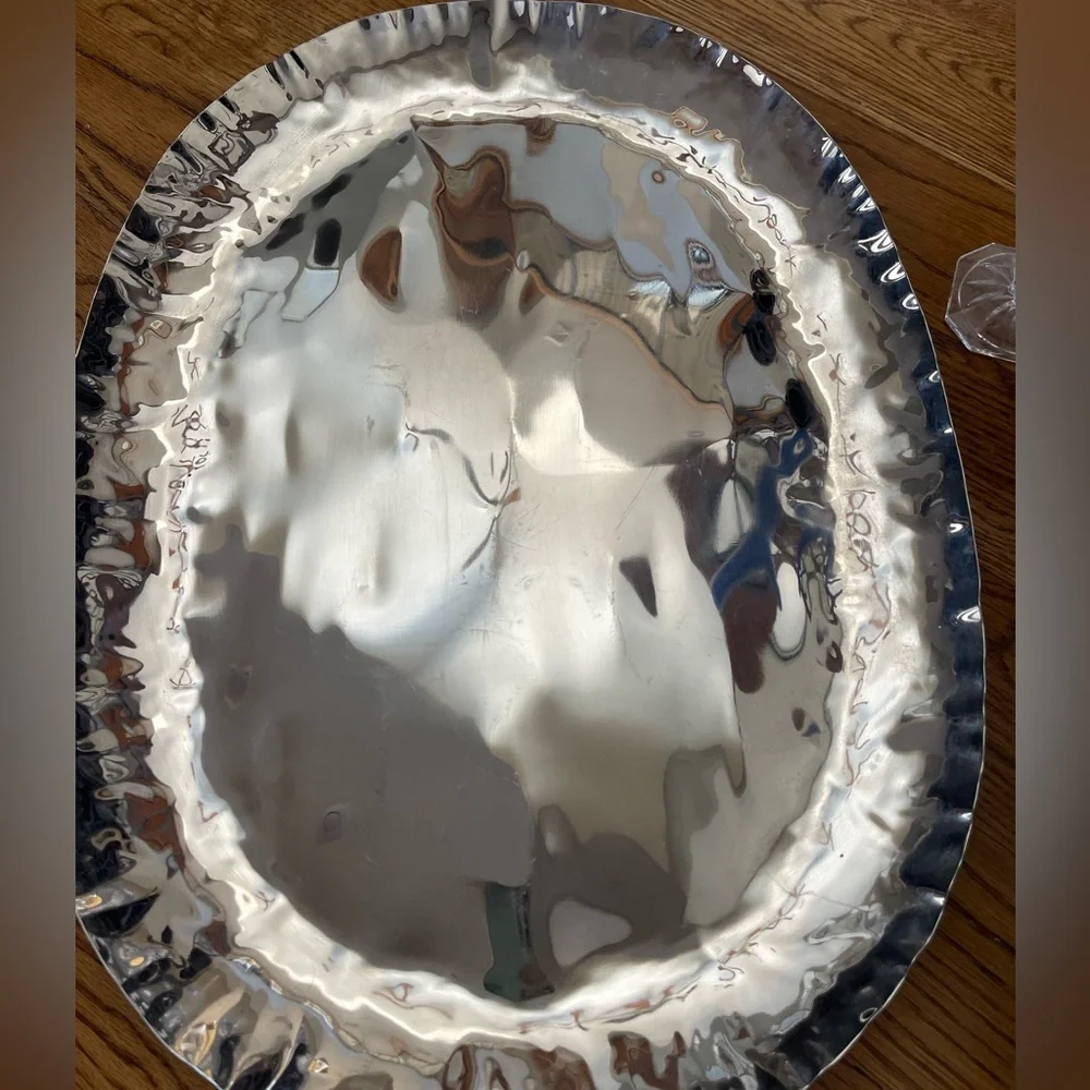 Crate & Barrel Stainless Steel Hammered Oval Serving Tray Platter